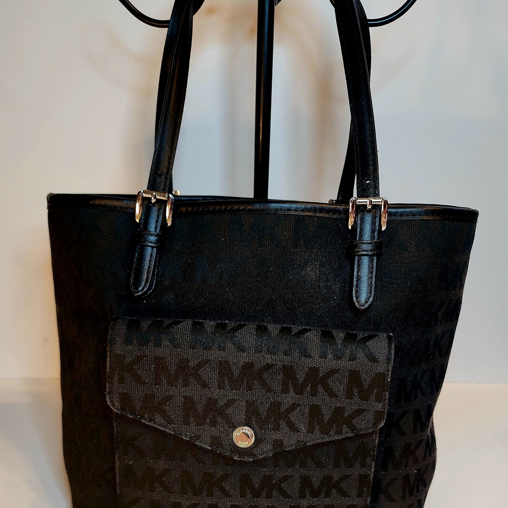 Michael Kors Jet Set Black Logo Medium Front Pocket Multi Funcrional Tote Bag